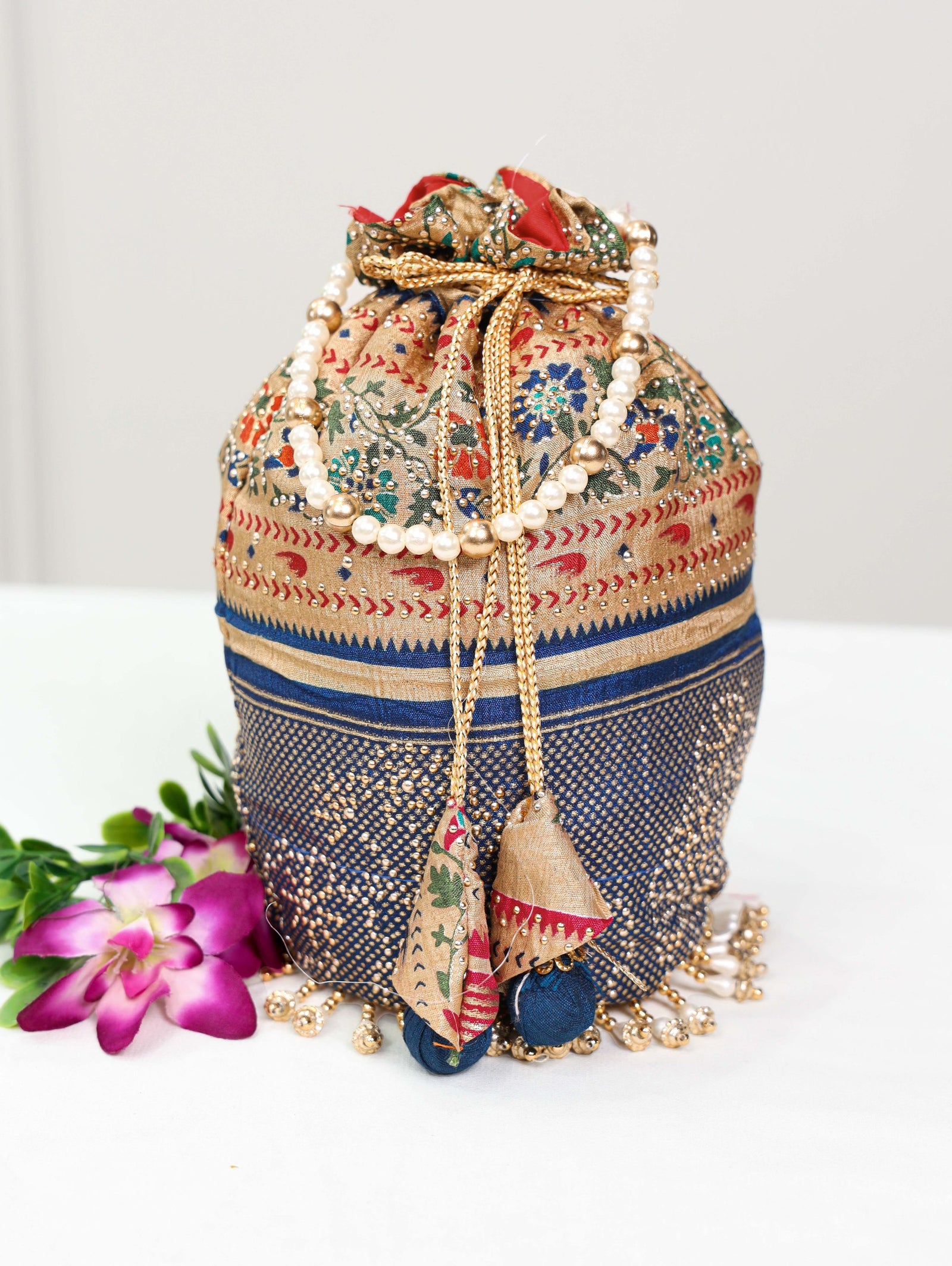 Navy Blue Dola Silk Batwa with Foil Print, Stone Embellishments & Lace Border ClothsVilla