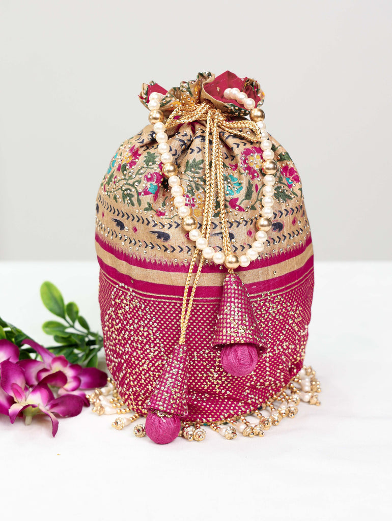 Pink Dola Silk Batwa with Foil Print, Stone Embellishments & Lace Border ClothsVilla