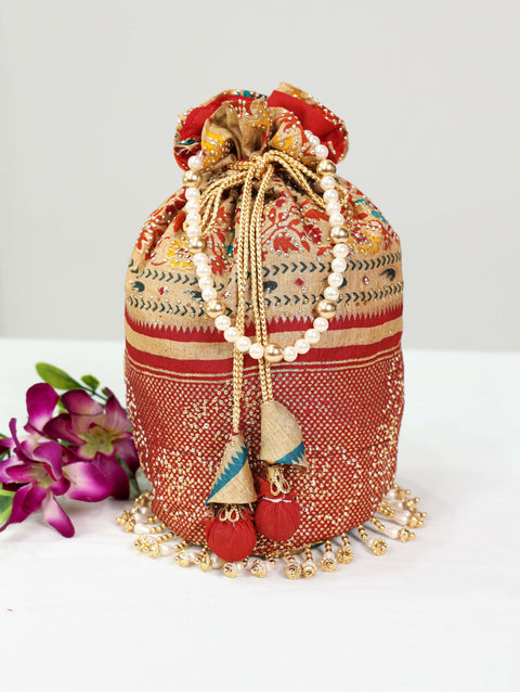 Red Dola Silk Batwa with Foil Print, Stone Embellishments & Lace Border ClothsVilla Main image