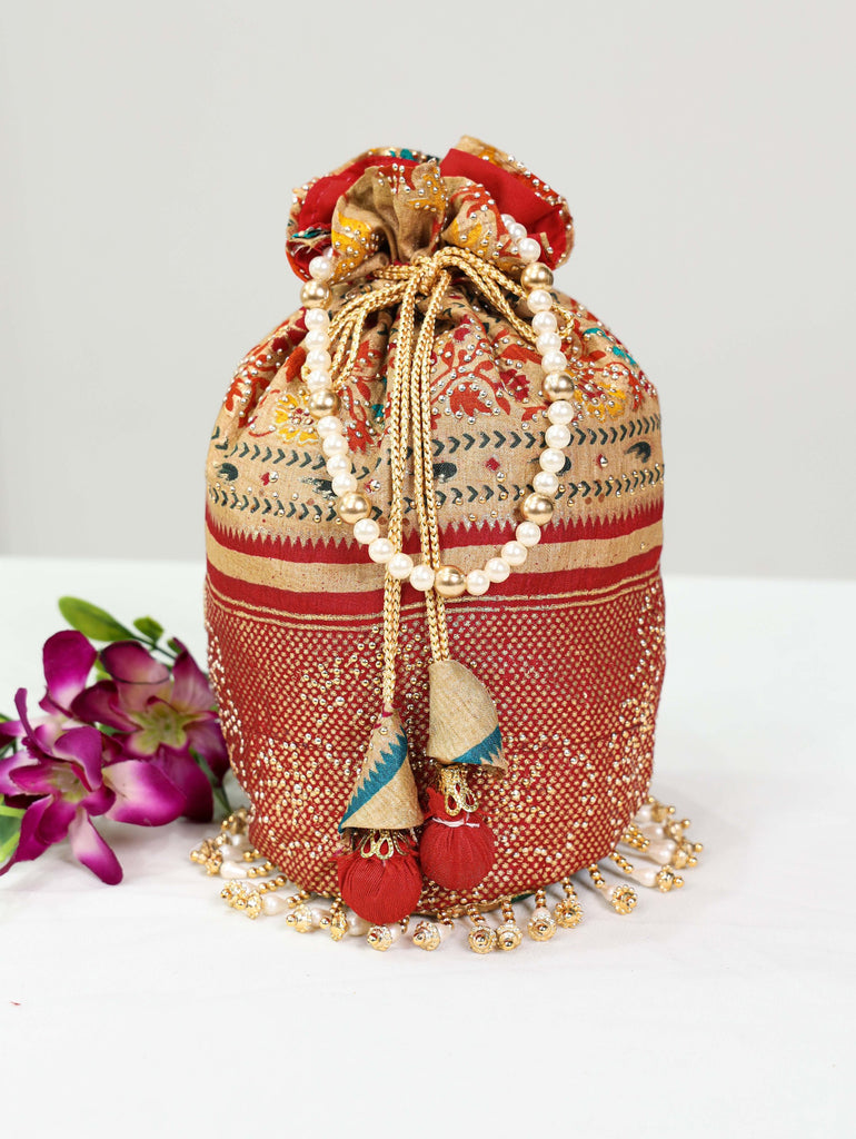 Red Dola Silk Batwa with Foil Print, Stone Embellishments & Lace Border ClothsVilla