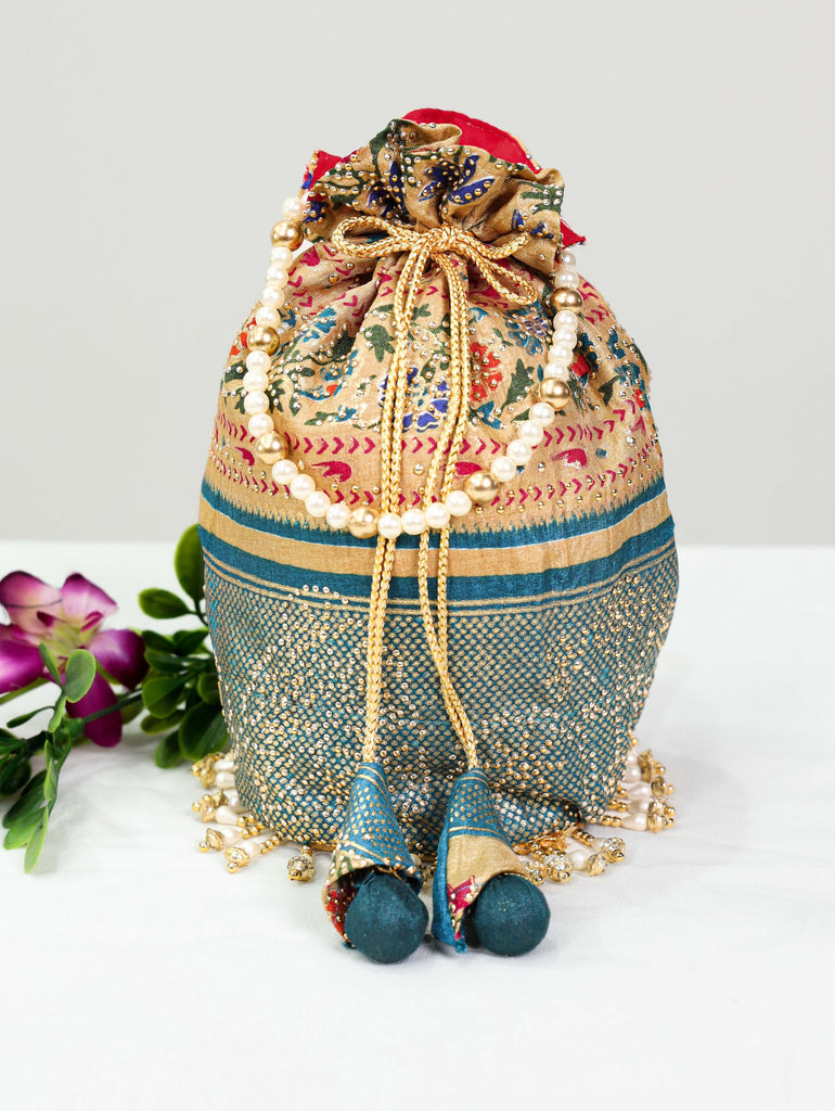 Teal Dola Silk Batwa with Foil Print, Stone Embellishments & Lace Border ClothsVilla