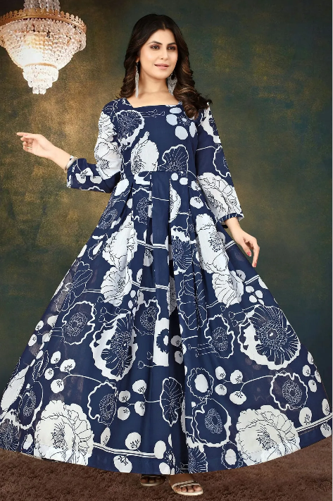 Enchanting Navy Digital Print Muslin Gown with Micro Cotton Lining ClothsVilla Main image