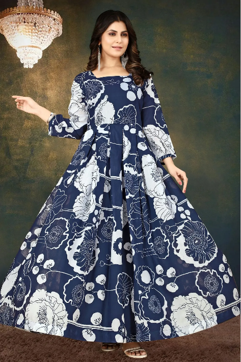 Enchanting Navy Digital Print Muslin Gown with Micro Cotton Lining ClothsVilla