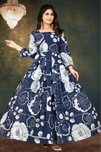 Load image into Gallery viewer, Enchanting Navy Digital Print Muslin Gown with Micro Cotton Lining ClothsVilla