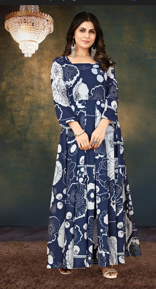 Enchanting Navy Digital Print Muslin Gown with Micro Cotton Lining Secondary image