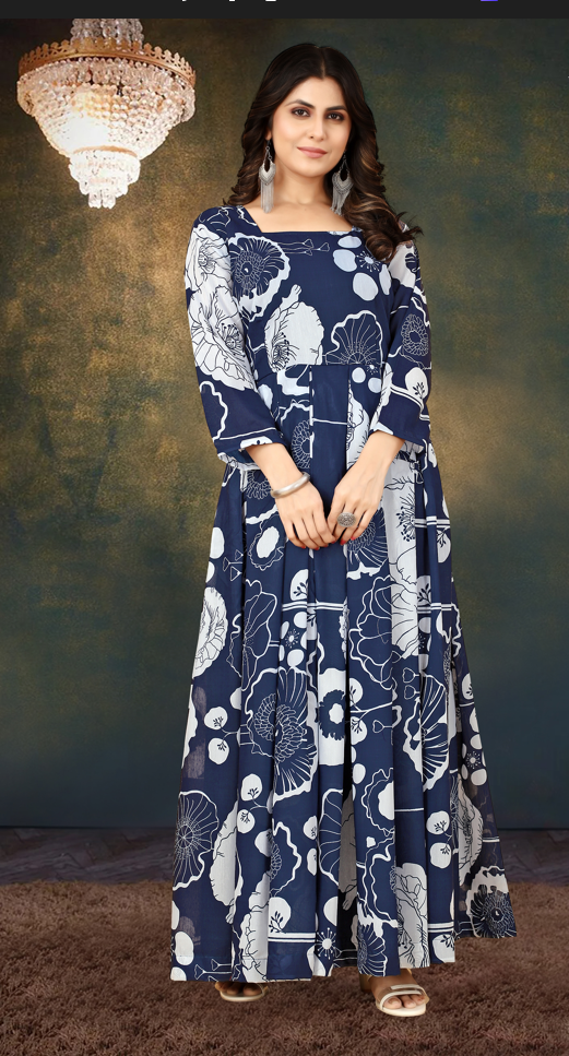 Enchanting Navy Digital Print Muslin Gown with Micro Cotton Lining ClothsVilla