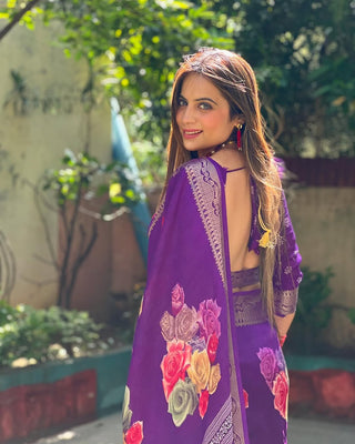 Regal Purple Tussar Silk Saree with Multicolor Floral Prints & Intricate Zari Border DIGITAL PRINT