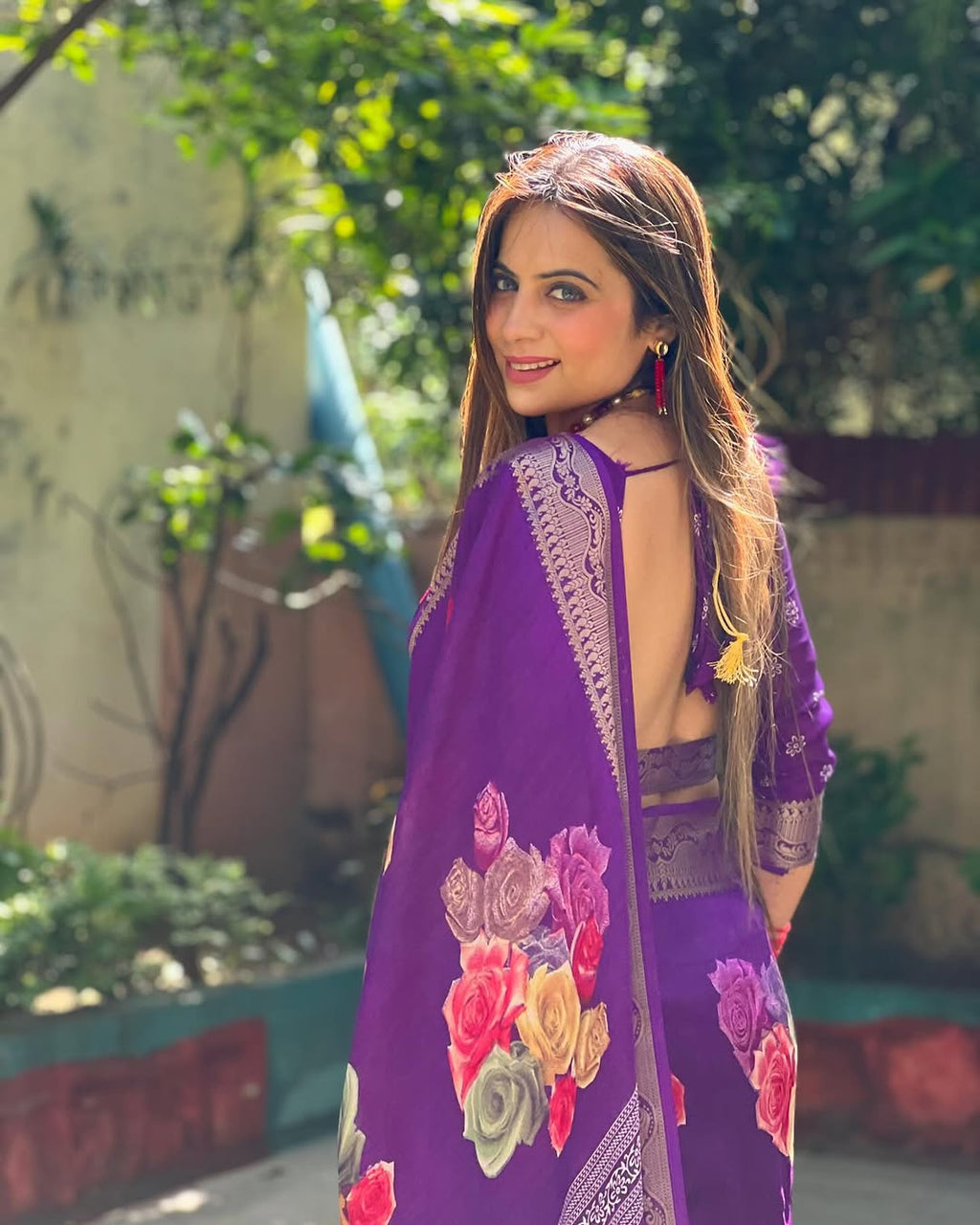 Regal Purple Tussar Silk Saree with Multicolor Floral Prints & Intricate Zari Border DIGITAL PRINT