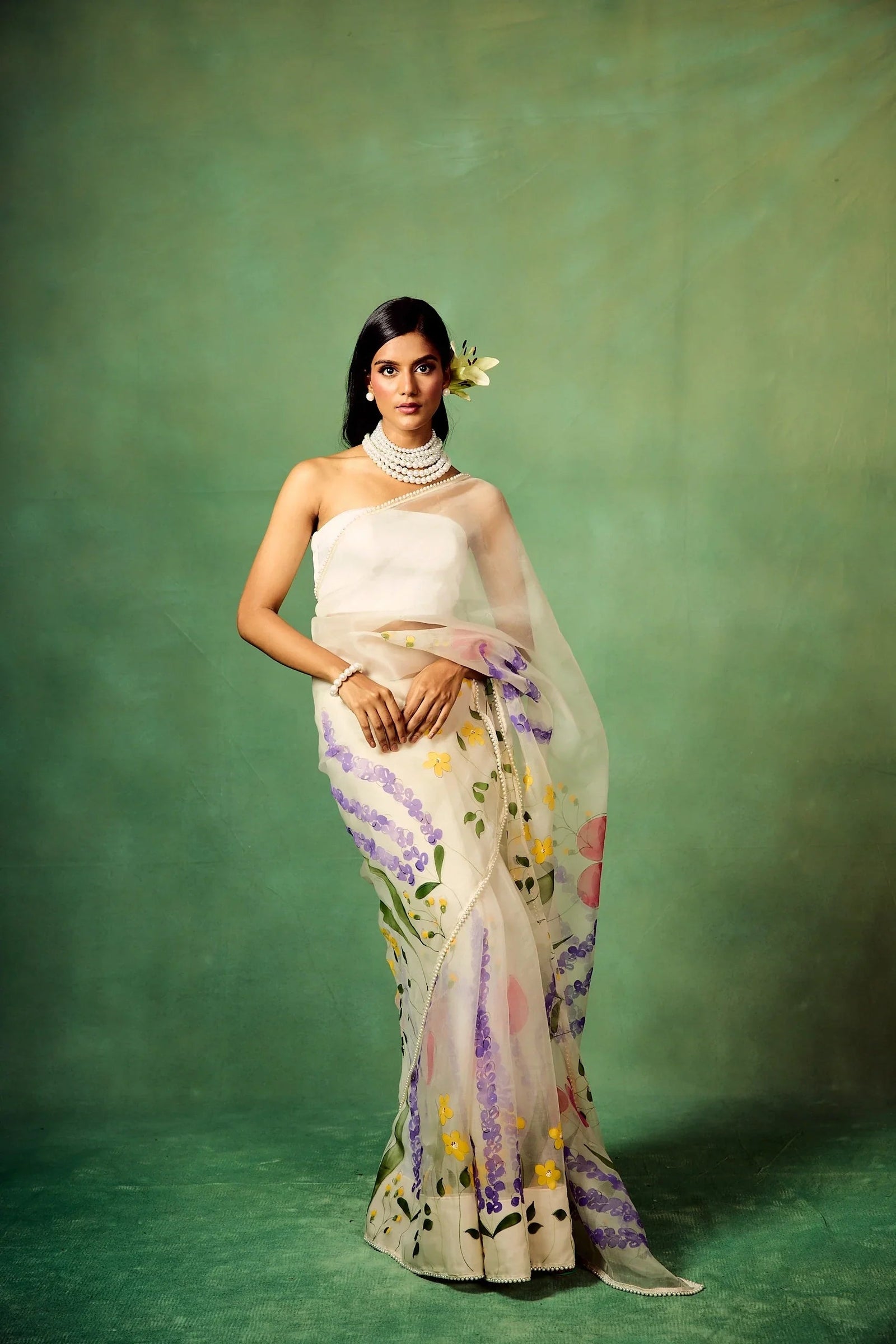 Ivory Pure Organza Hand-Painted Saree with Multicolor Floral Motifs & Sequin Accents | Modal Satin Blouse FANCY SAREES