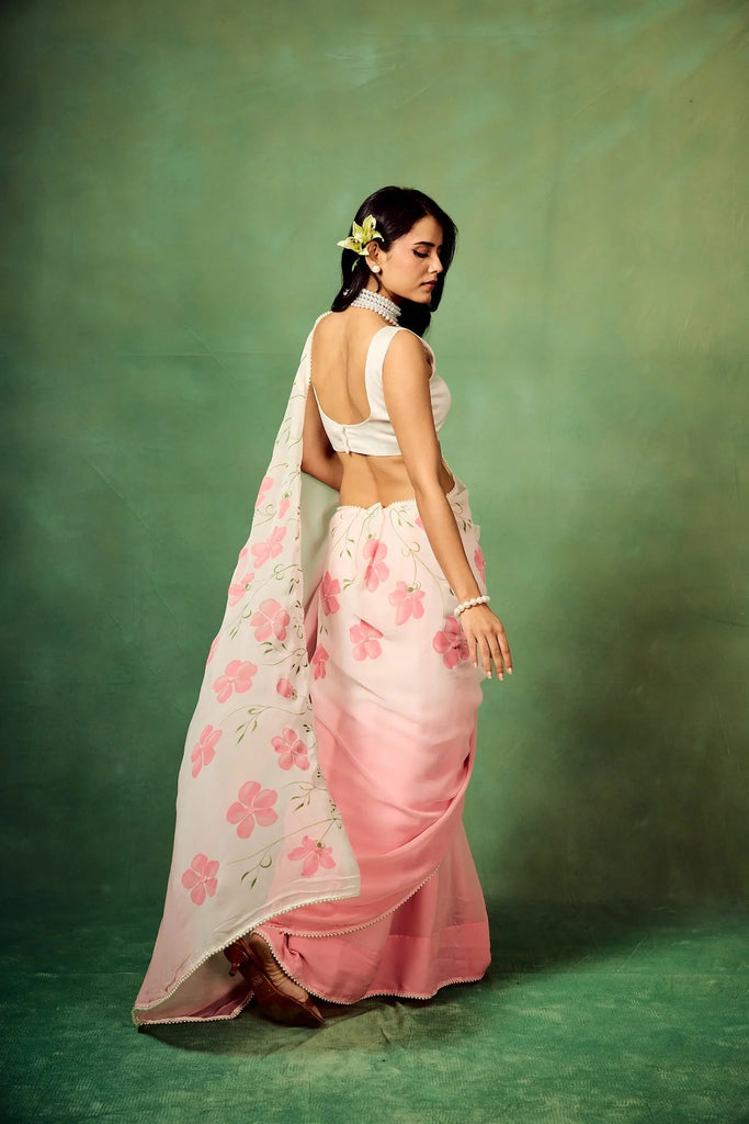 Blush Pink Pure Georgette Hand-Painted Floral Saree with White Motifs & Sequin Accents – Modal Satin Blouse FANCY SAREES