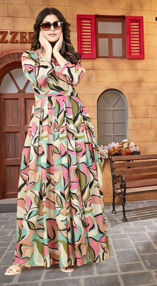 Multicolor Muslin A-Line Gown with Micro Cotton Lining ClothsVilla