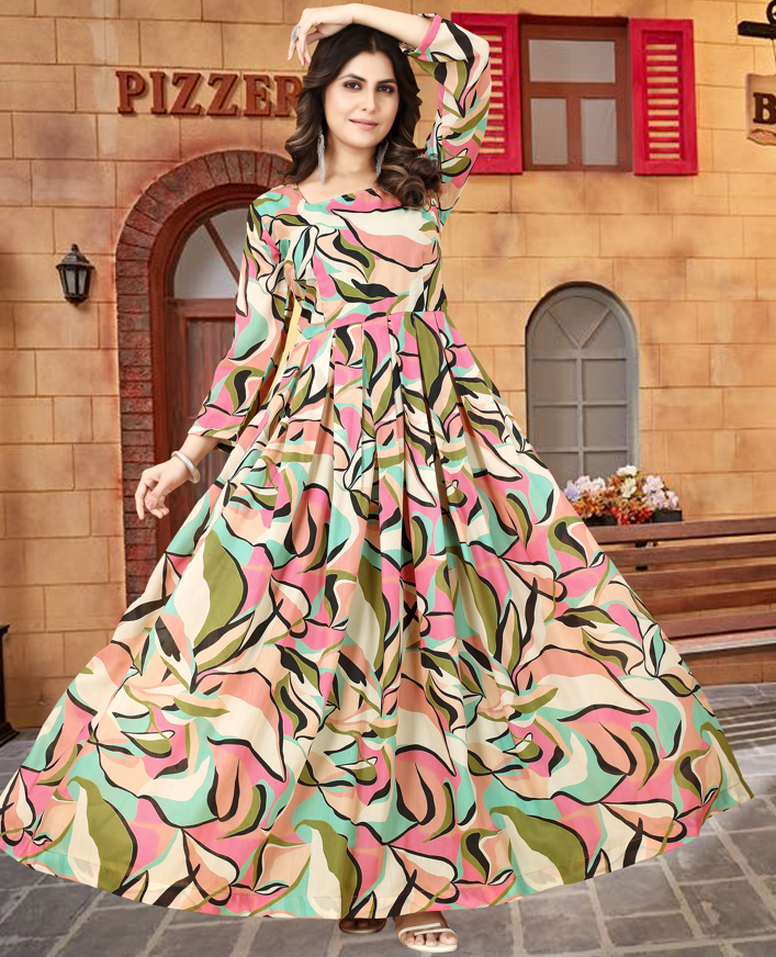 Multicolor Muslin A-Line Gown with Micro Cotton Lining ClothsVilla