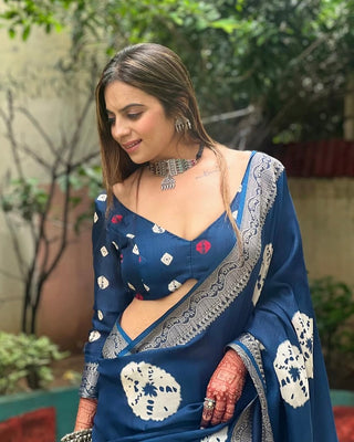 Navy Blue Tussar Silk Saree with White Floral Prints & Zari Border DIGITAL PRINT