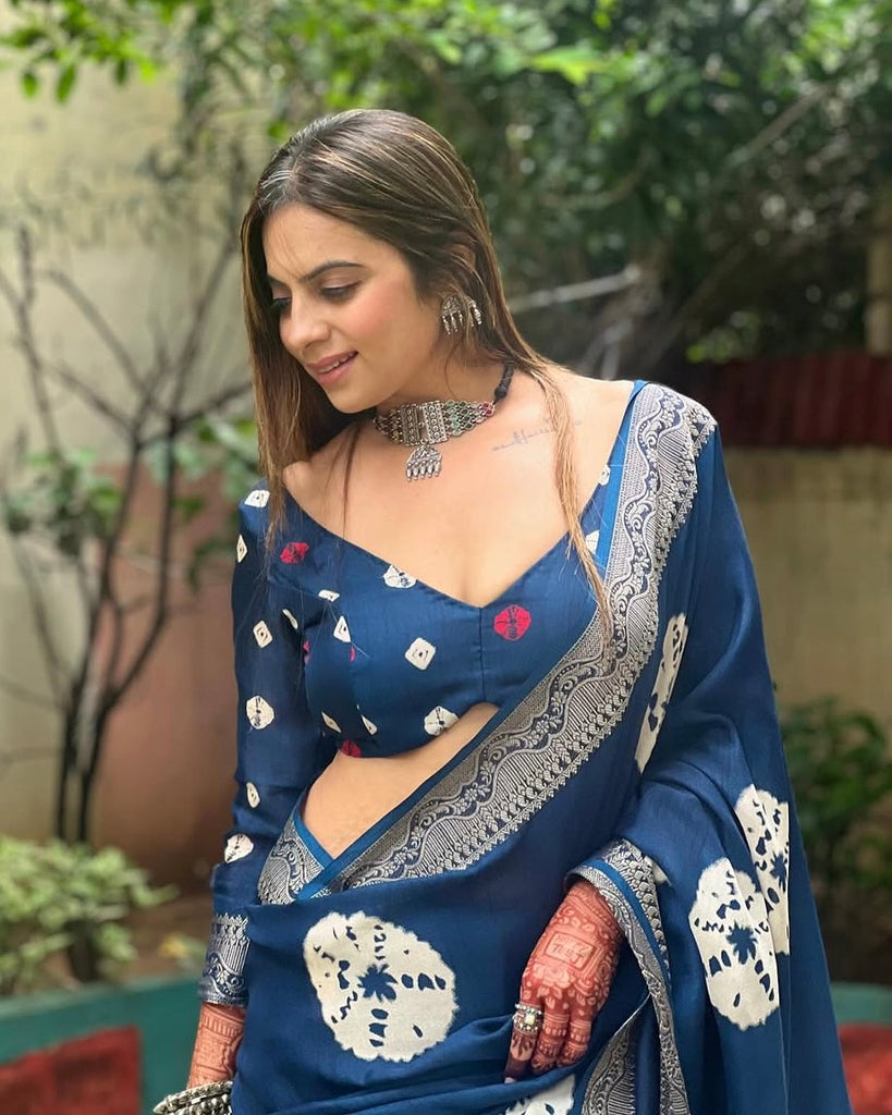 Navy Blue Tussar Silk Saree with White Floral Prints & Zari Border DIGITAL PRINT