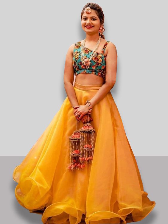 Orange Lehenga Choli In Organza Silk for Haldi Ceremony ClothsVilla
