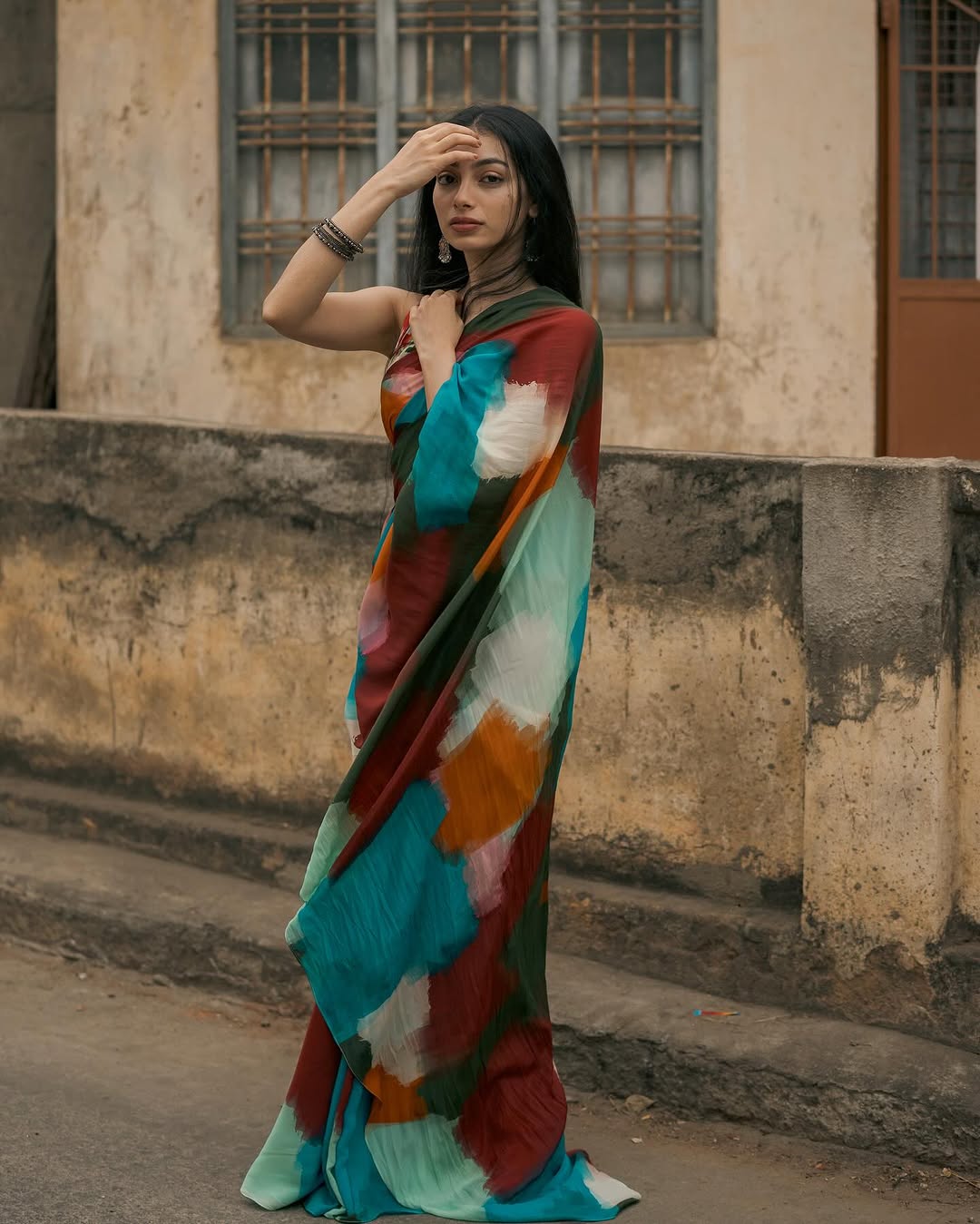 Boho Abstract Multicolor Georgette Saree with Artistic Brushstroke Print & Blouse Fabric FANCY SAREES