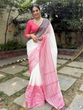 Load image into Gallery viewer, Elegant White and Pink Pure Linen Digital Printed Saree with Black Border, Tassels, and Blouse Piece – Intricate Floral and Geometric Design LINEN