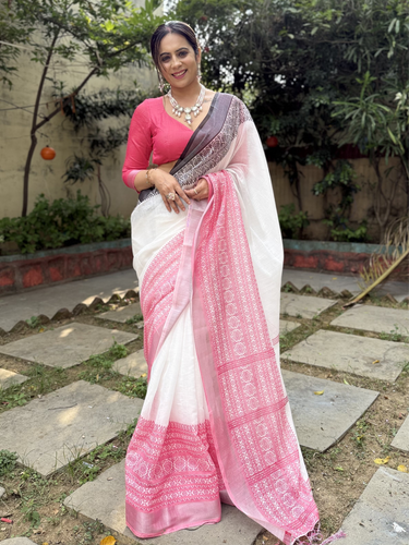Elegant White and Pink Pure Linen Digital Printed Saree with Black Border, Tassels, and Blouse Piece – Intricate Floral and Geometric Design LINEN