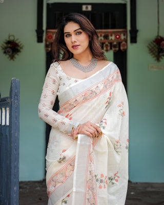 Ivory Pure Cotton Linen Saree with Pastel Floral Design, Blouse, and Tassel Detailing LINEN