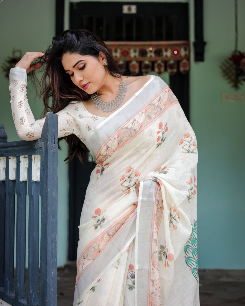 Ivory Pure Cotton Linen Saree with Pastel Floral Design, Blouse, and Tassel Detailing LINEN