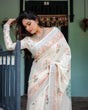 Load image into Gallery viewer, Ivory Pure Cotton Linen Saree with Pastel Floral Design, Blouse, and Tassel Detailing LINEN