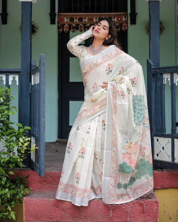 Ivory Pure Cotton Linen Saree with Pastel Floral Design, Blouse, and Tassel Detailing LINEN