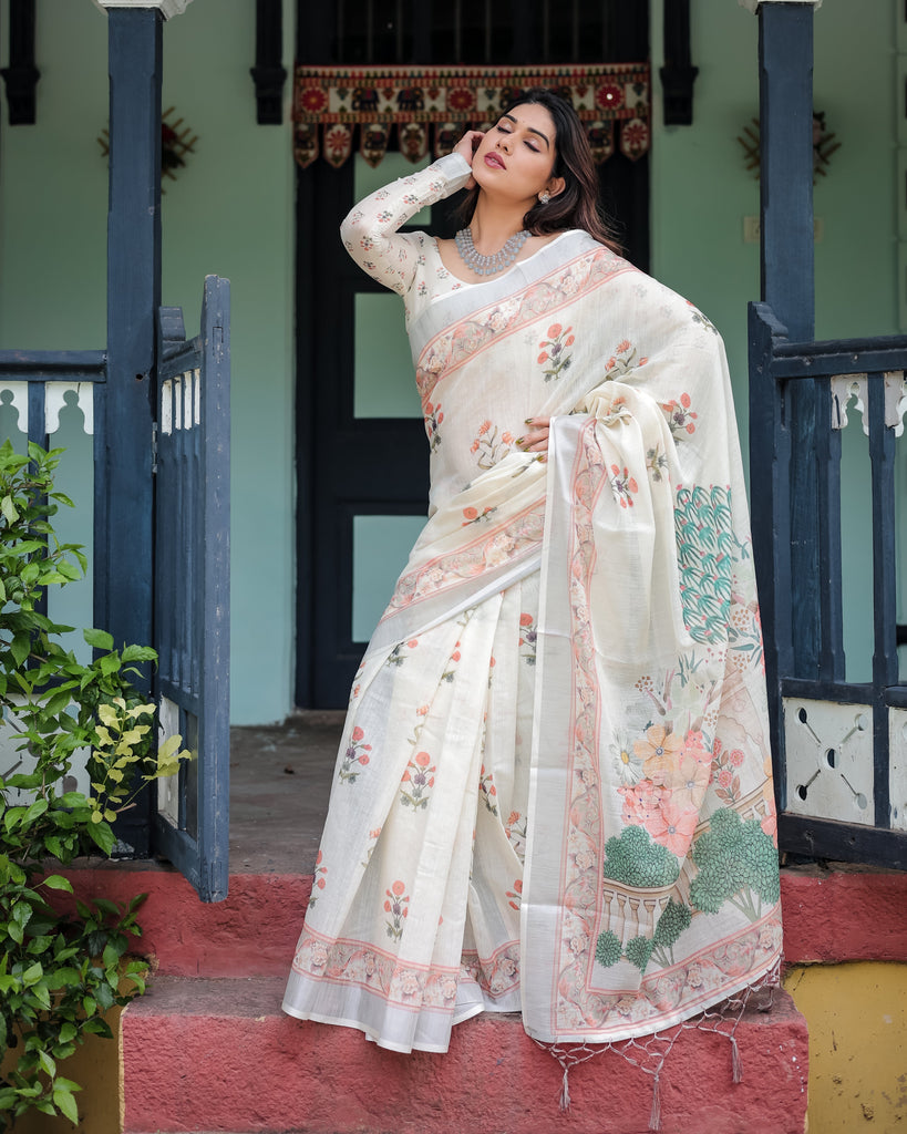 Ivory Pure Cotton Linen Saree with Pastel Floral Design, Blouse, and Tassel Detailing LINEN