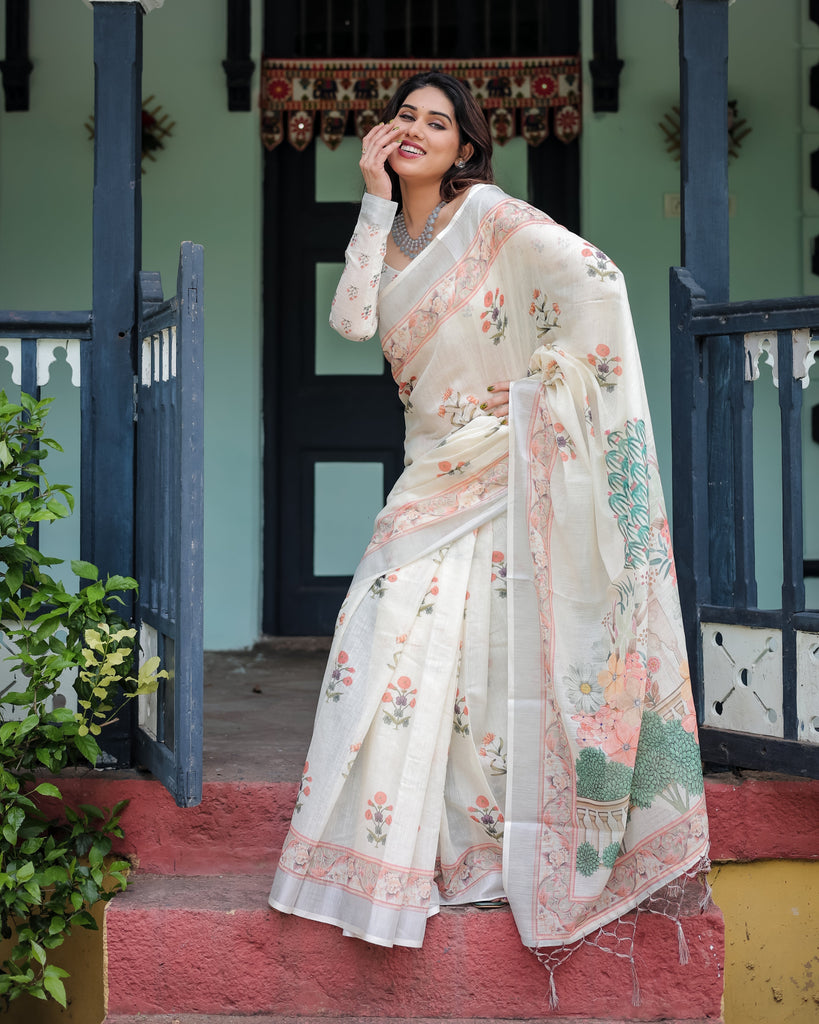 Ivory Pure Cotton Linen Saree with Pastel Floral Design, Blouse, and Tassel Detailing LINEN
