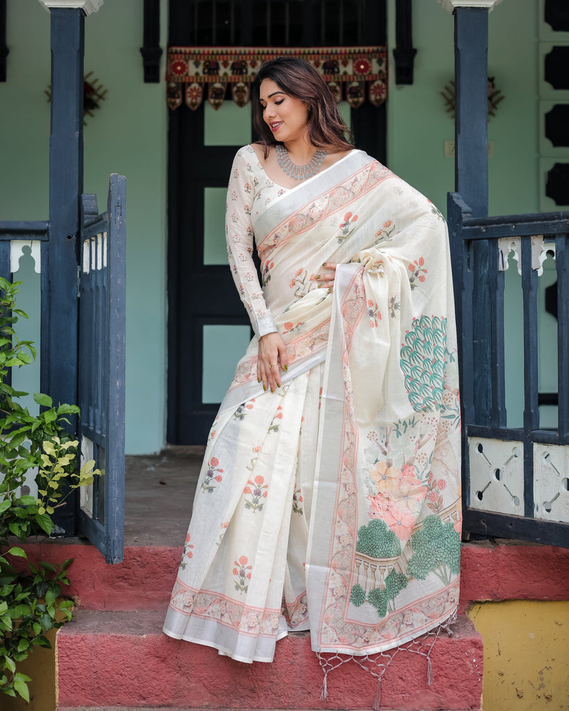 Ivory Pure Cotton Linen Saree with Pastel Floral Design, Blouse, and Tassel Detailing LINEN