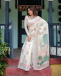Load image into Gallery viewer, Ivory Pure Cotton Linen Saree with Pastel Floral Design, Blouse, and Tassel Detailing LINEN