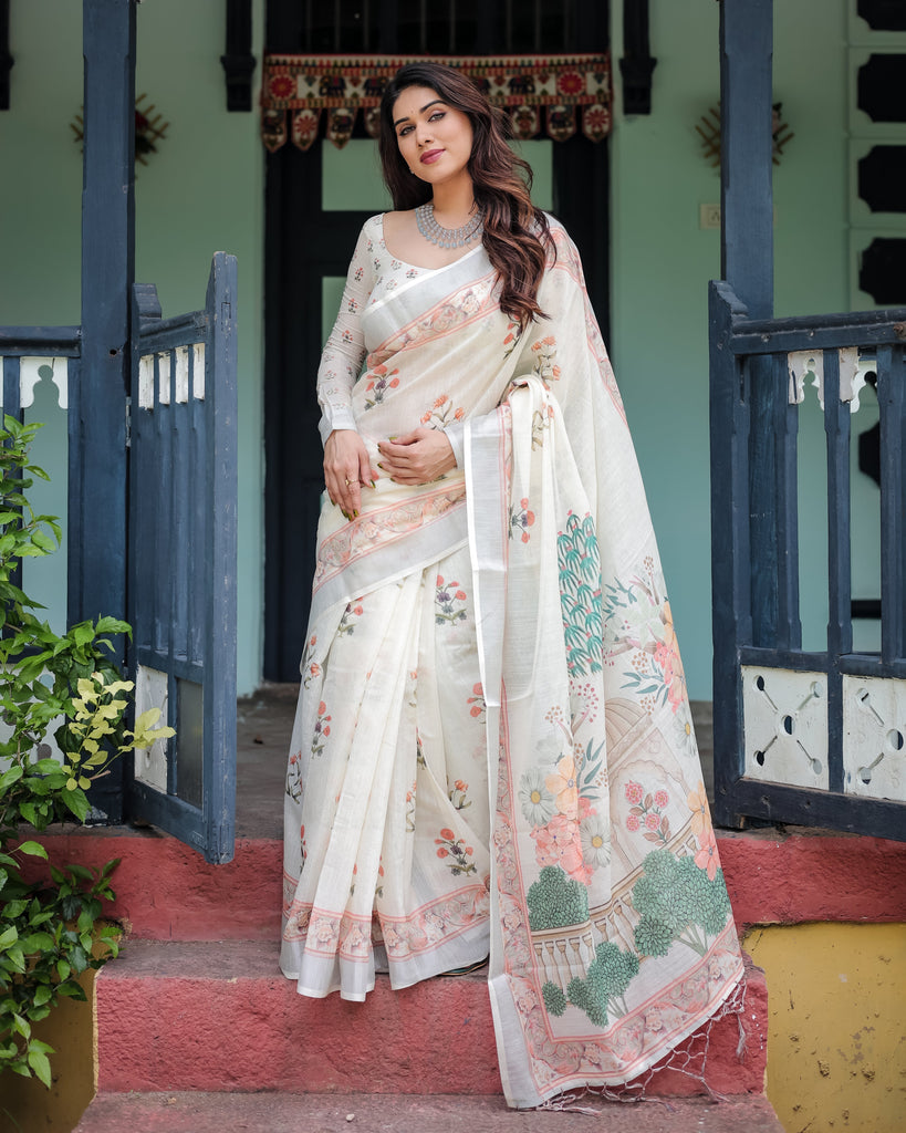 Ivory Pure Cotton Linen Saree with Pastel Floral Design, Blouse, and Tassel Detailing LINEN