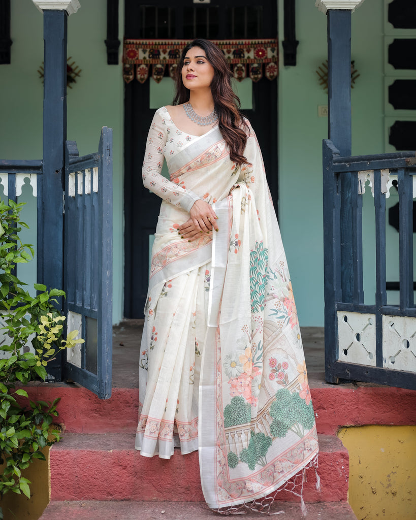 Ivory Pure Cotton Linen Saree with Pastel Floral Design, Blouse, and Tassel Detailing LINEN