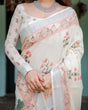 Load image into Gallery viewer, Ivory Pure Cotton Linen Saree with Pastel Floral Design, Blouse, and Tassel Detailing LINEN
