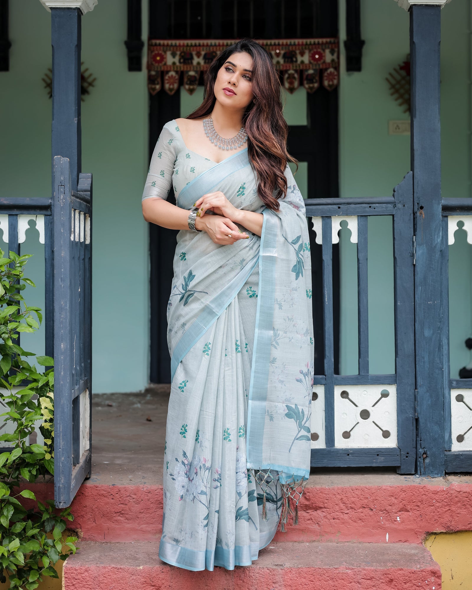 Pastel Grey Pure Cotton Linen Saree with Floral Print, Blouse, and Tassel Detailing LINEN