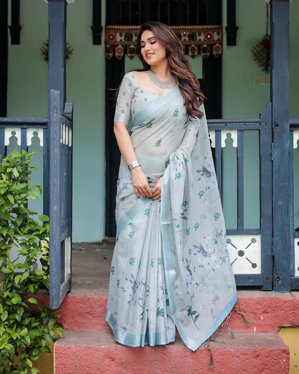Pastel Grey Pure Cotton Linen Saree with Floral Print, Blouse, and Tassel Detailing LINEN