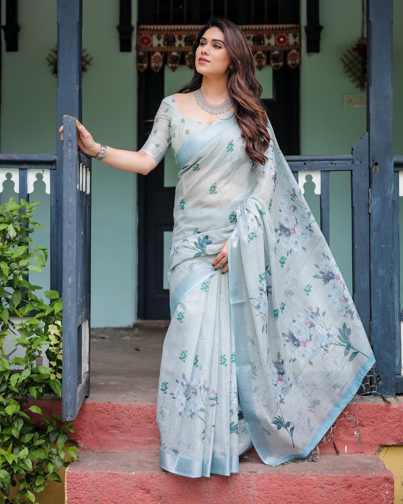 Pastel Grey Pure Cotton Linen Saree with Floral Print, Blouse, and Tassel Detailing LINEN