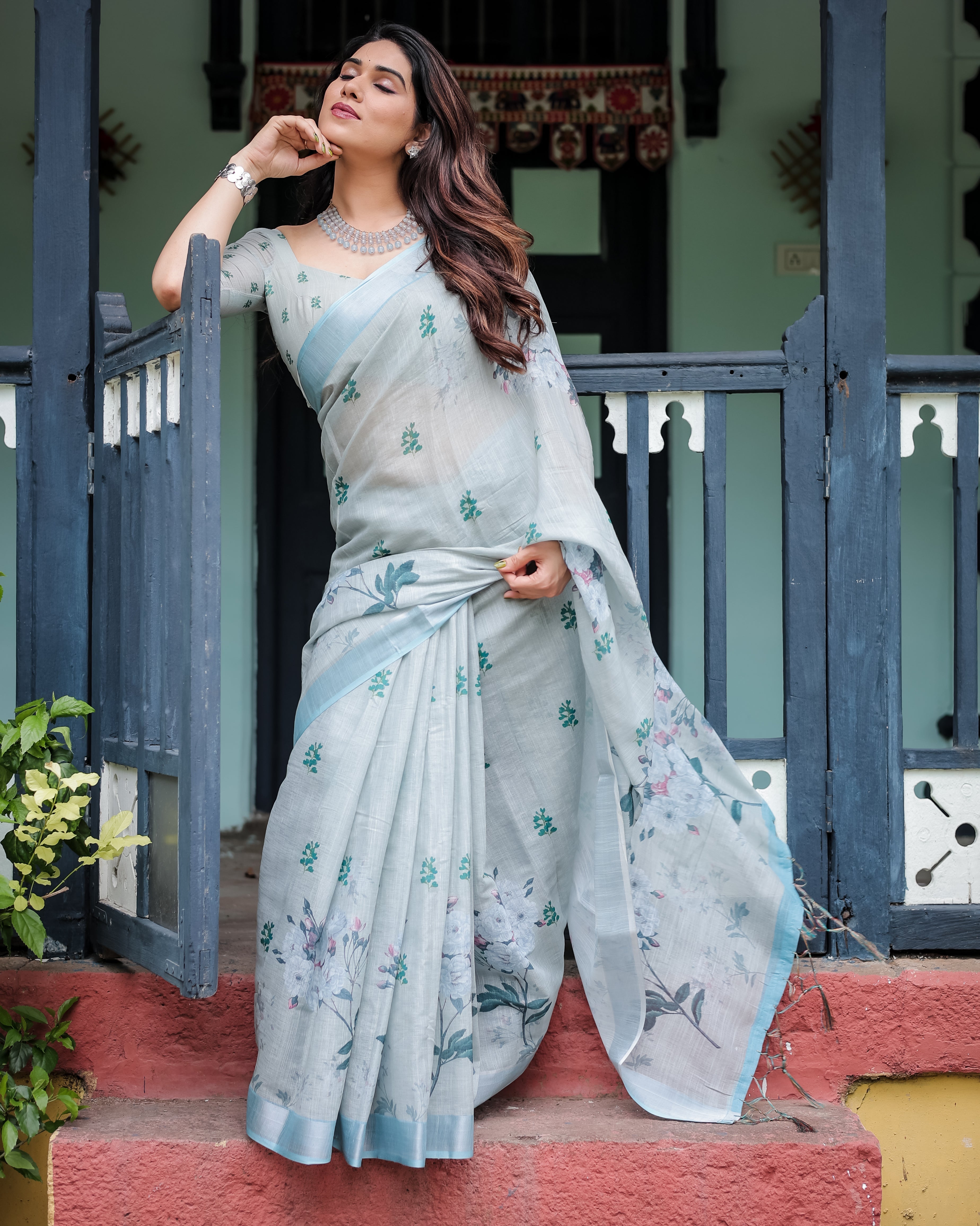 Pastel Grey Pure Cotton Linen Saree with Floral Print, Blouse, and Tassel Detailing LINEN