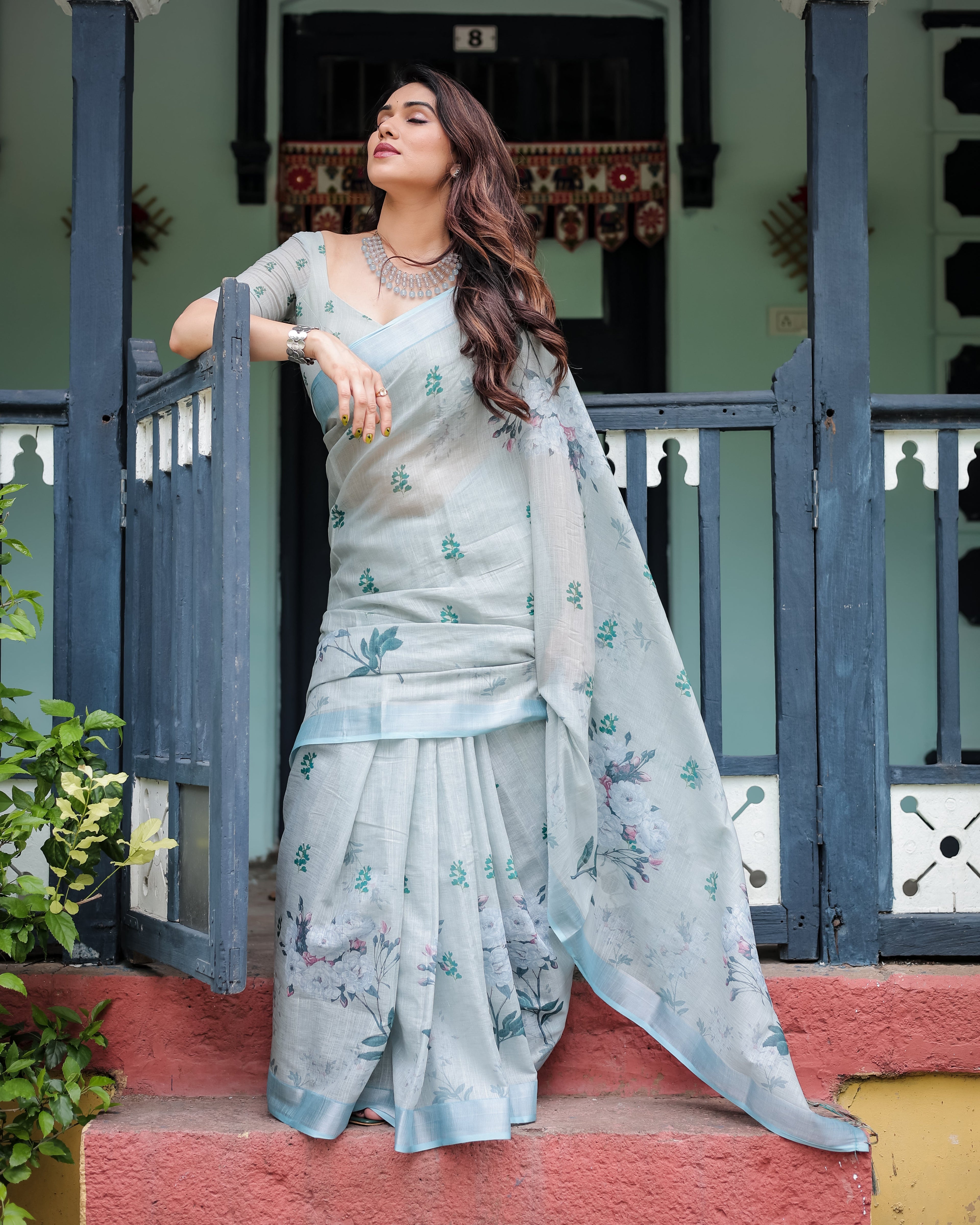 Pastel Grey Pure Cotton Linen Saree with Floral Print, Blouse, and Tassel Detailing LINEN