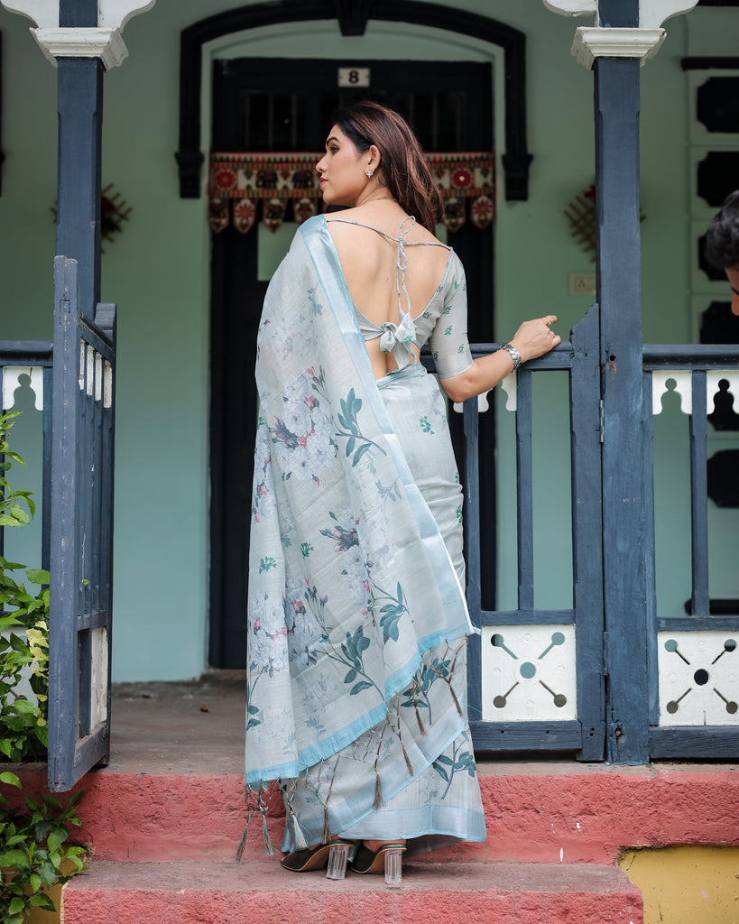 Pastel Grey Pure Cotton Linen Saree with Floral Print, Blouse, and Tassel Detailing LINEN