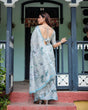 Load image into Gallery viewer, Pastel Grey Pure Cotton Linen Saree with Floral Print, Blouse, and Tassel Detailing LINEN