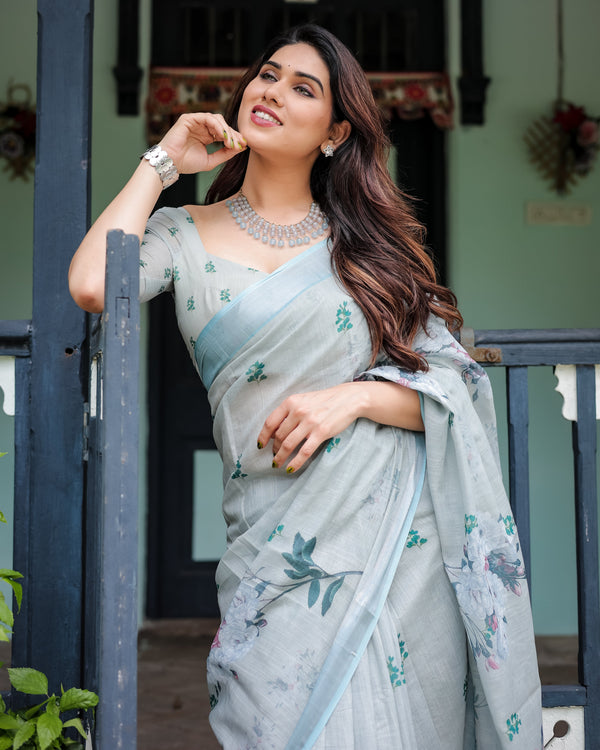 Pastel Grey Pure Cotton Linen Saree with Floral Print, Blouse, and Tassel Detailing LINEN