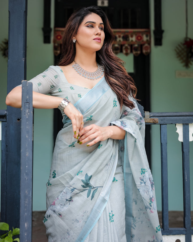 Pastel Grey Pure Cotton Linen Saree with Floral Print, Blouse, and Tassel Detailing LINEN
