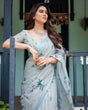 Load image into Gallery viewer, Pastel Grey Pure Cotton Linen Saree with Floral Print, Blouse, and Tassel Detailing LINEN