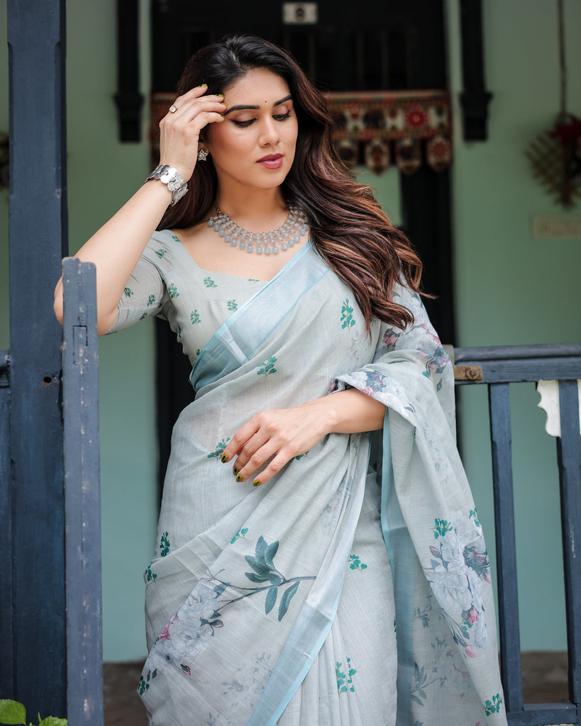 Pastel Grey Pure Cotton Linen Saree with Floral Print, Blouse, and Tassel Detailing LINEN