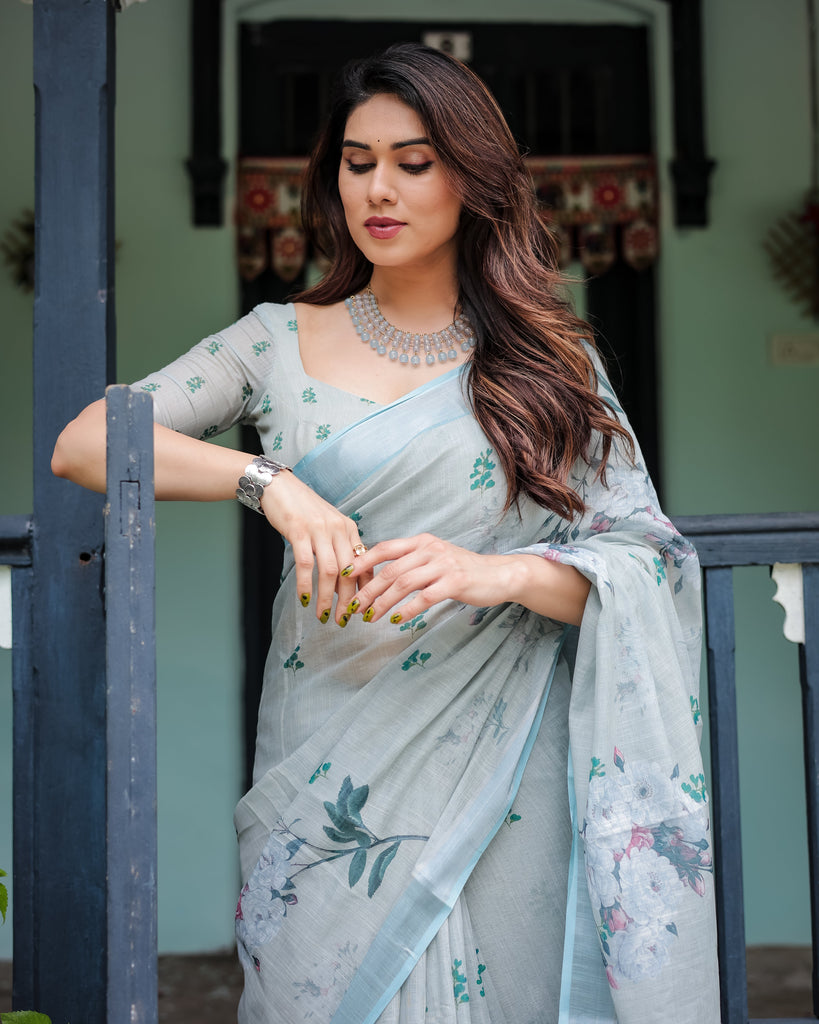 Pastel Grey Pure Cotton Linen Saree with Floral Print, Blouse, and Tassel Detailing LINEN