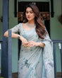 Load image into Gallery viewer, Pastel Grey Pure Cotton Linen Saree with Floral Print, Blouse, and Tassel Detailing LINEN
