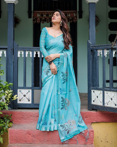 Aqua Blue Pure Cotton Linen Saree with Floral Design, Blouse, and Tassel Detailing LINEN