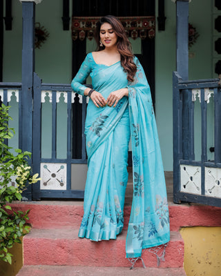 Aqua Blue Pure Cotton Linen Saree with Floral Design, Blouse, and Tassel Detailing LINEN
