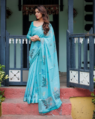 Aqua Blue Pure Cotton Linen Saree with Floral Design, Blouse, and Tassel Detailing LINEN