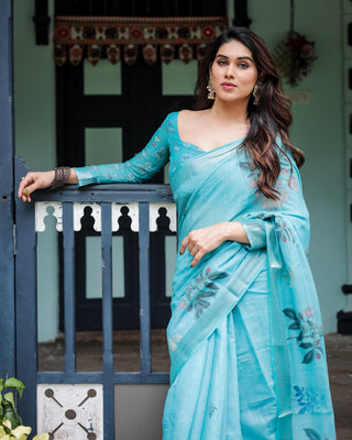 Aqua Blue Pure Cotton Linen Saree with Floral Design, Blouse, and Tassel Detailing LINEN